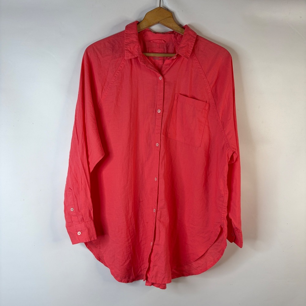 Aerie Button Down Shirt Women Small Coral Linen Blend Long Sleeve Pocket